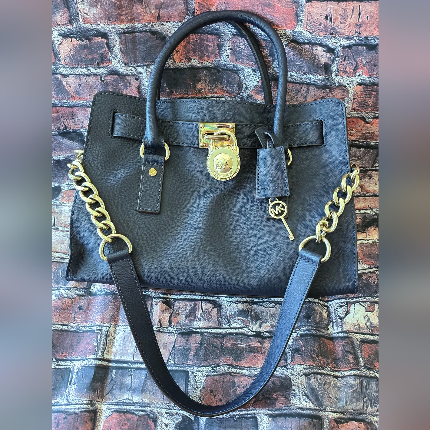 Michael Kors Navy Blue Leather Handbag With Gold Accents